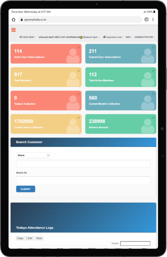 Gym ERP Tablet Dashboard